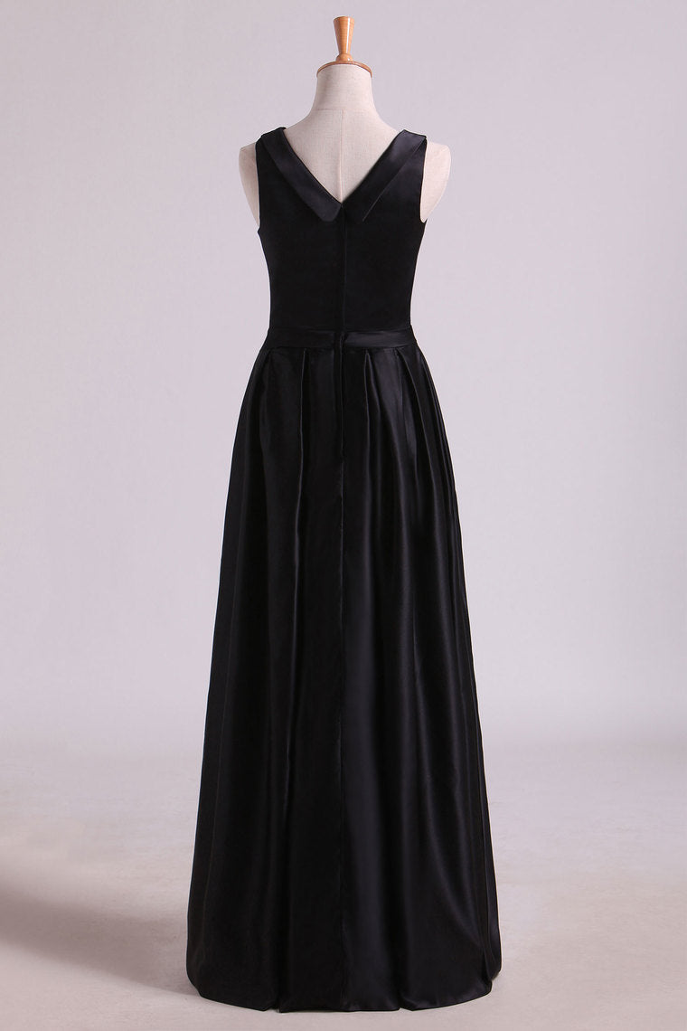 2022 Black A Line Evening Dresses  Cowl Neck Floor Length Satin With Sash