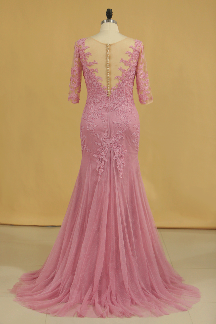 2022 Half Sleeves V Neck Mother Of The Bride Dresses Mermaid Tulle With Applique Sweep Train