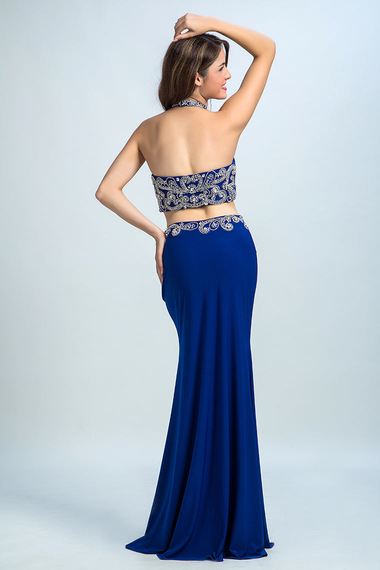 2022 Halter Prom Dresses Beaded Bodice With Slit