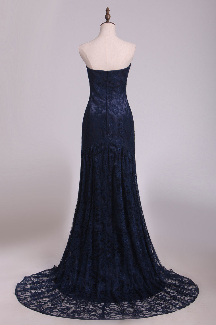 2022 Evening Dresses Sweetheart Dark Navy Lace Sweep Train Mermaid