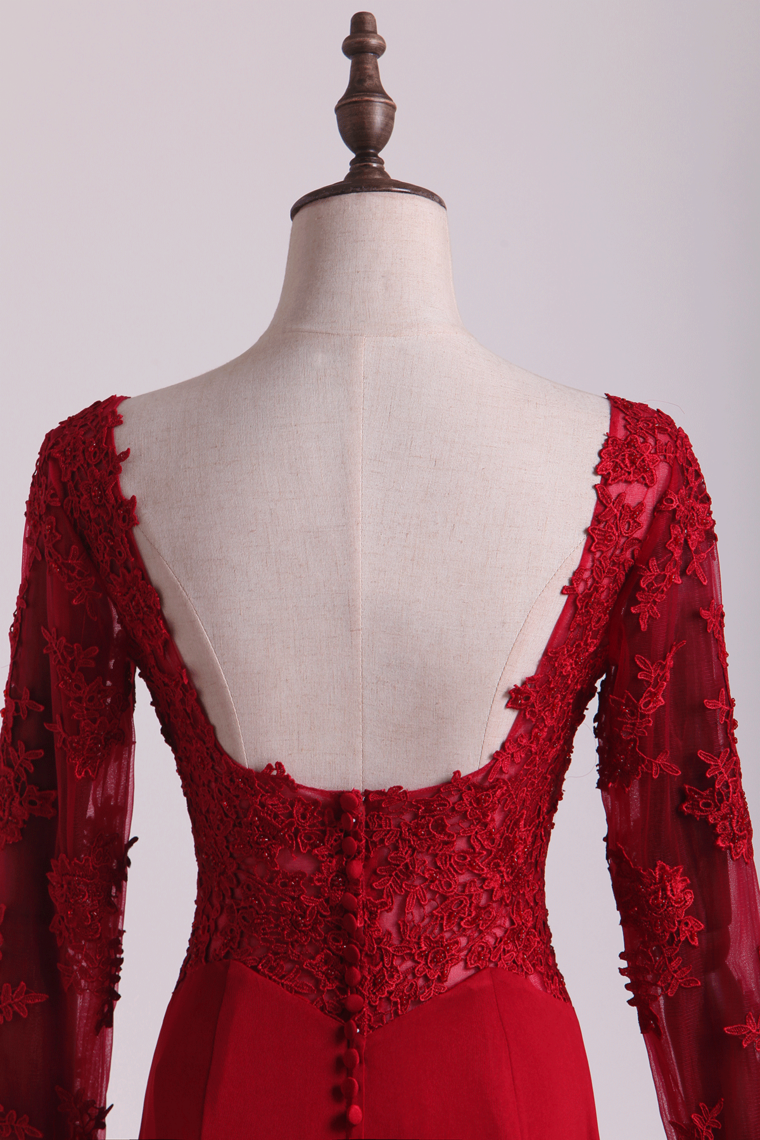 2022 Hot Long Sleeves Prom Dresses Spandex Mermaid With Applique Burgundy/Maroon