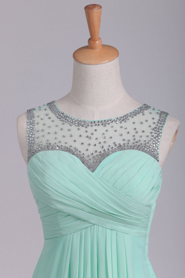 2022 Mint Scoop A Line Prom Dresses Chiffon With Beads & Ruffles Floor Length