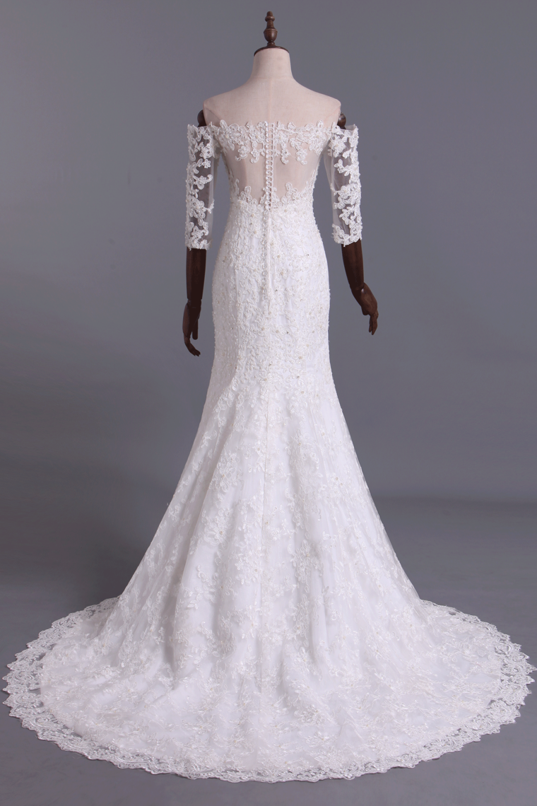 2022 Hot Mermaid Wedding Dresses 3/4 Length Sleeves Court Train With Applique New