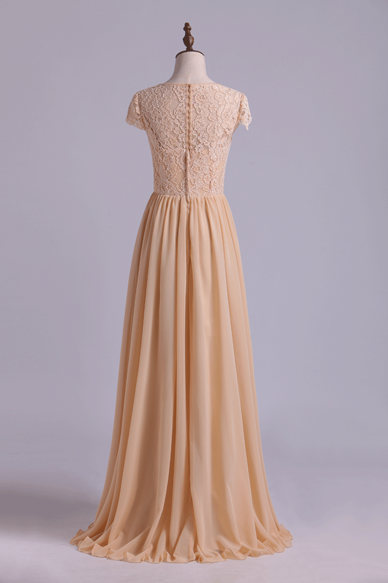 2022 Scoop Bridesmaid Dresses A Line Lace Bodice Chiffon Sweep Train
