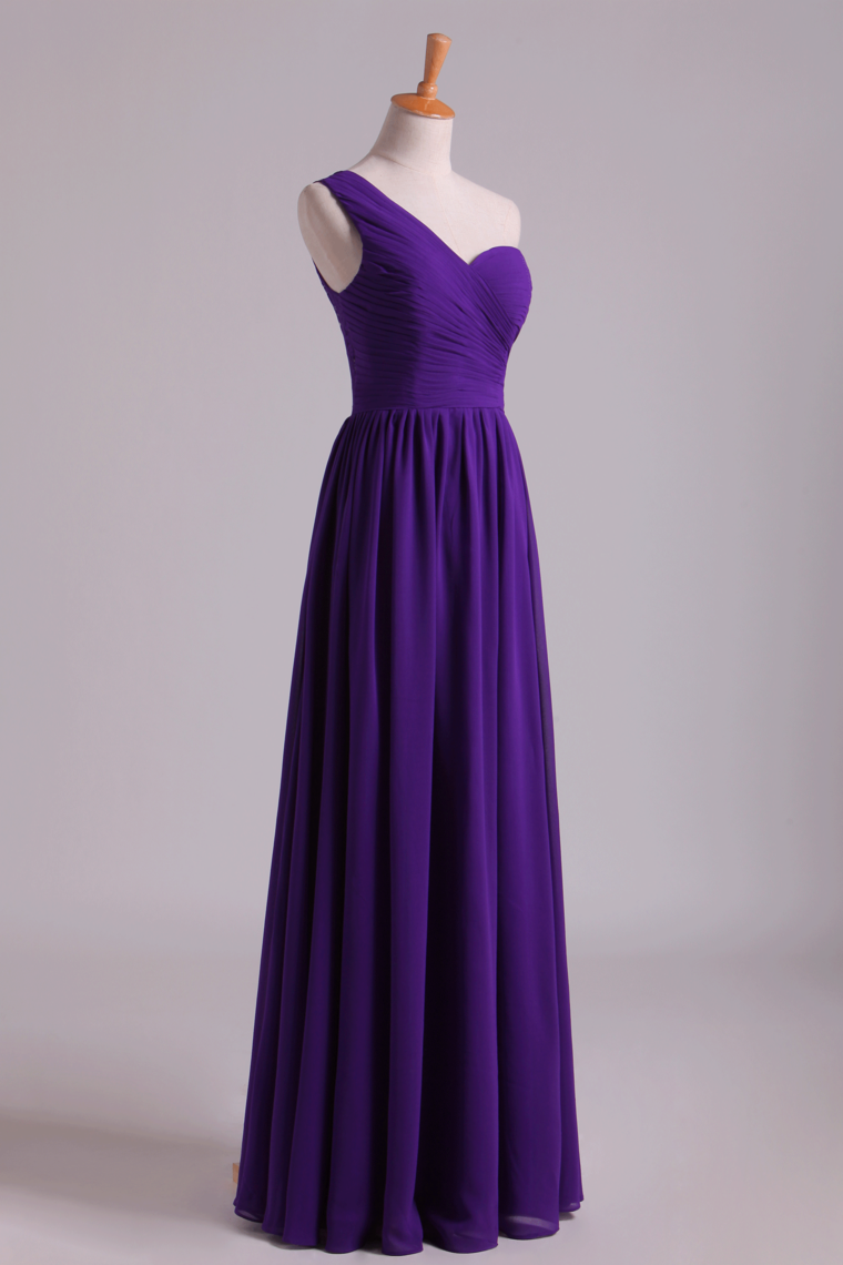 2022 Evening Dress One Shoulder Pleated Bodice Lace Back A Line Full Length Chiffon