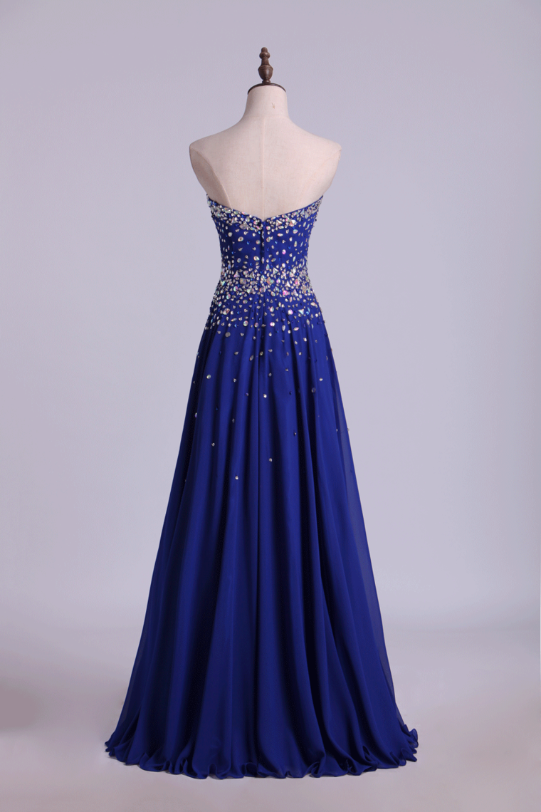 2022 Prom Dresses A Line Sweetheart Floor Length Dark Royal Blue Chiffon