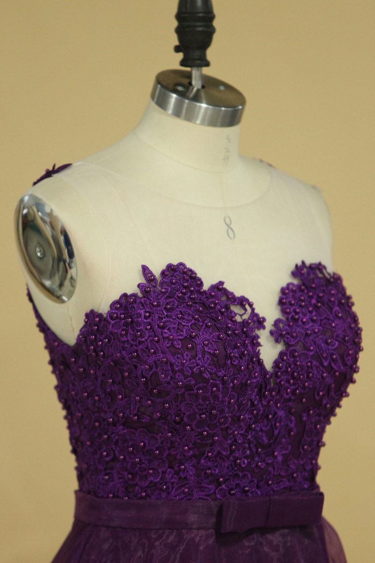 2022 Hot Prom Dresses Scoop A Line With Sash And Applique Grape