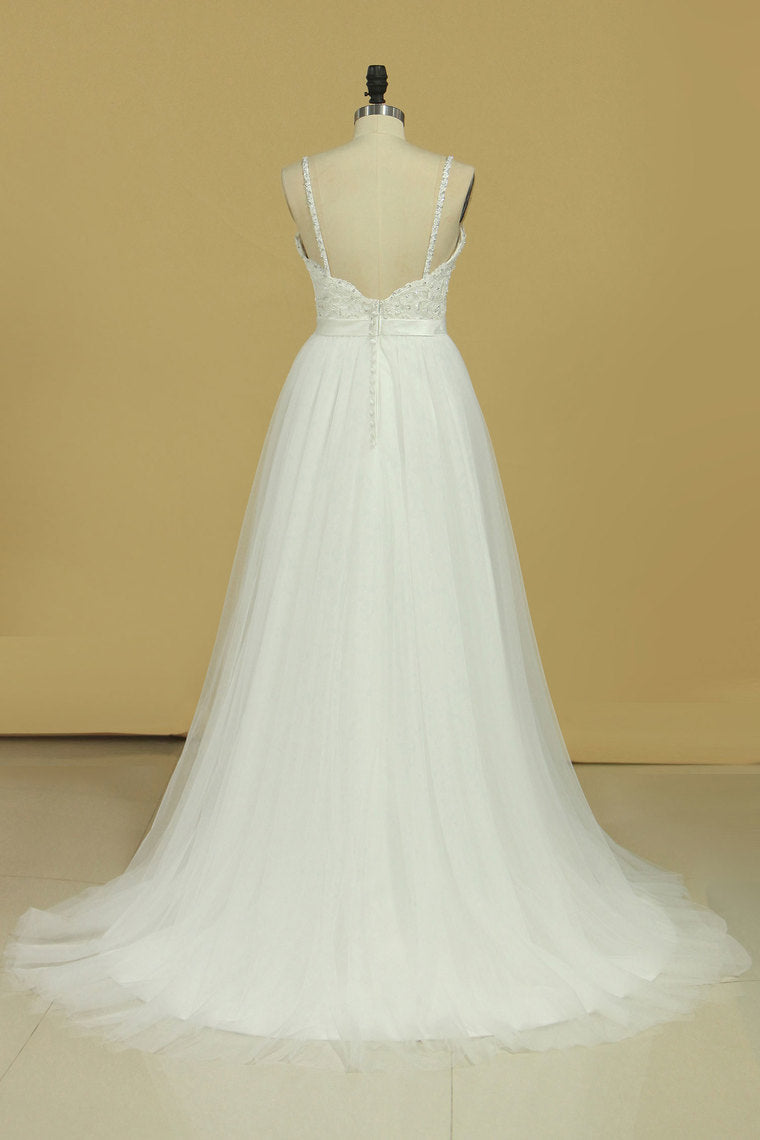 2022 Sexy Open Back A Line Wedding Dresses Spaghetti Straps Tulle With Applique And Sash