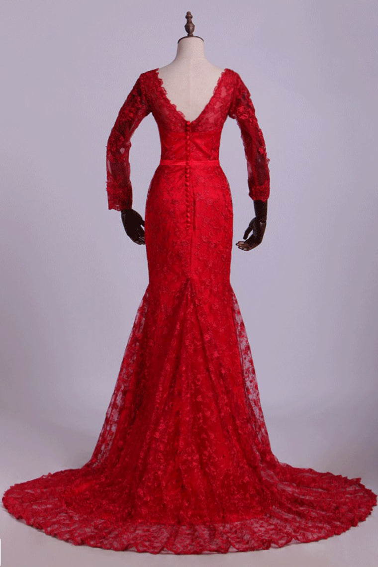 2022 V-Neck Evening Dresses Mermaid With Applique Lace And Tulle Burgundy/Maroon New