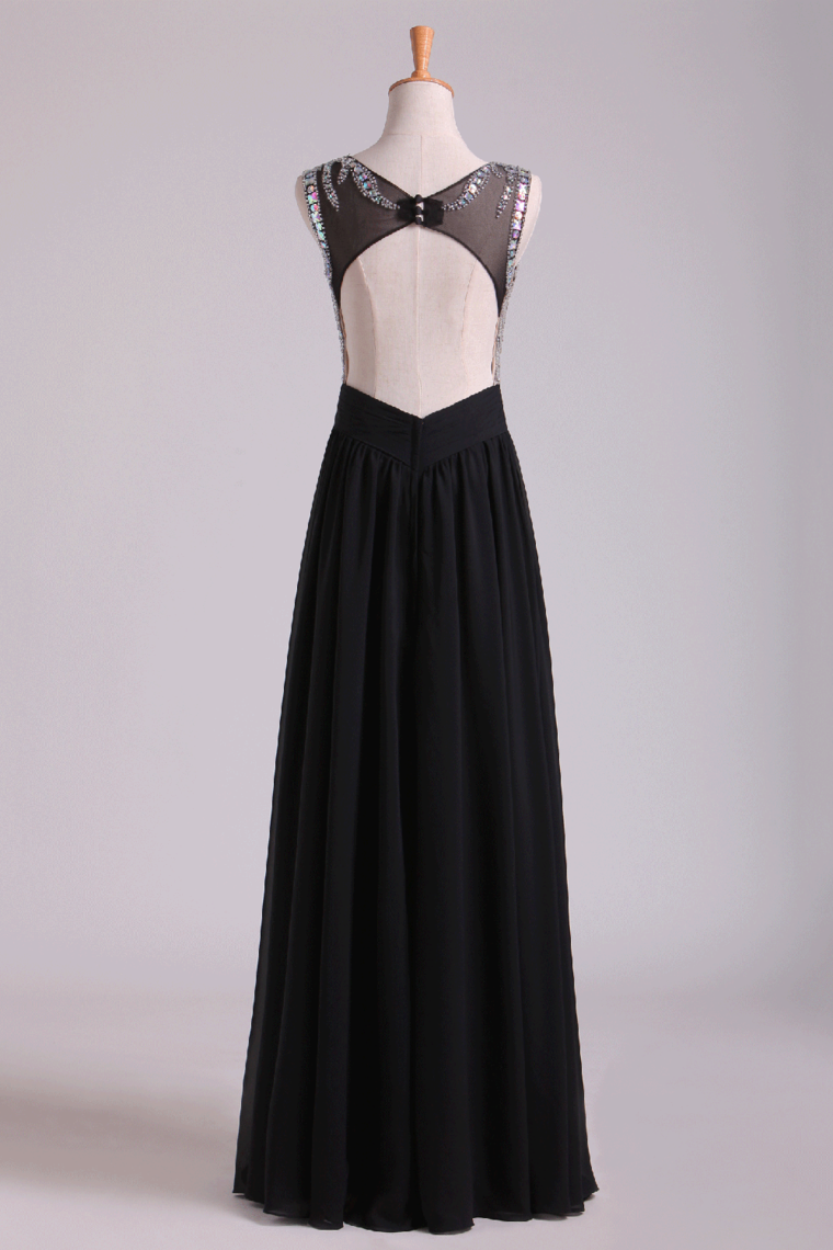 2022 Scoop Prom Dresses A-Line Beaded Tulle Bodice Pick Up Long Chiffon Skirt
