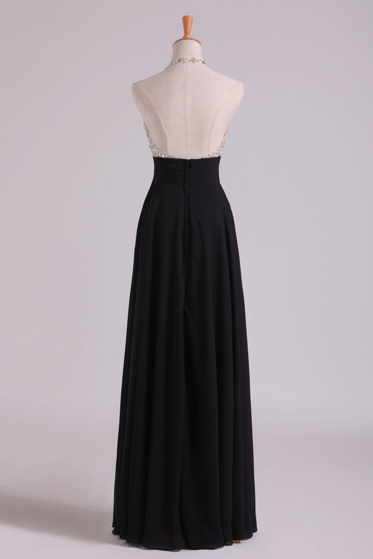 2022 Prom Dresses Halter Beaded Bust Pleated Waistband Chiffon Floor Length