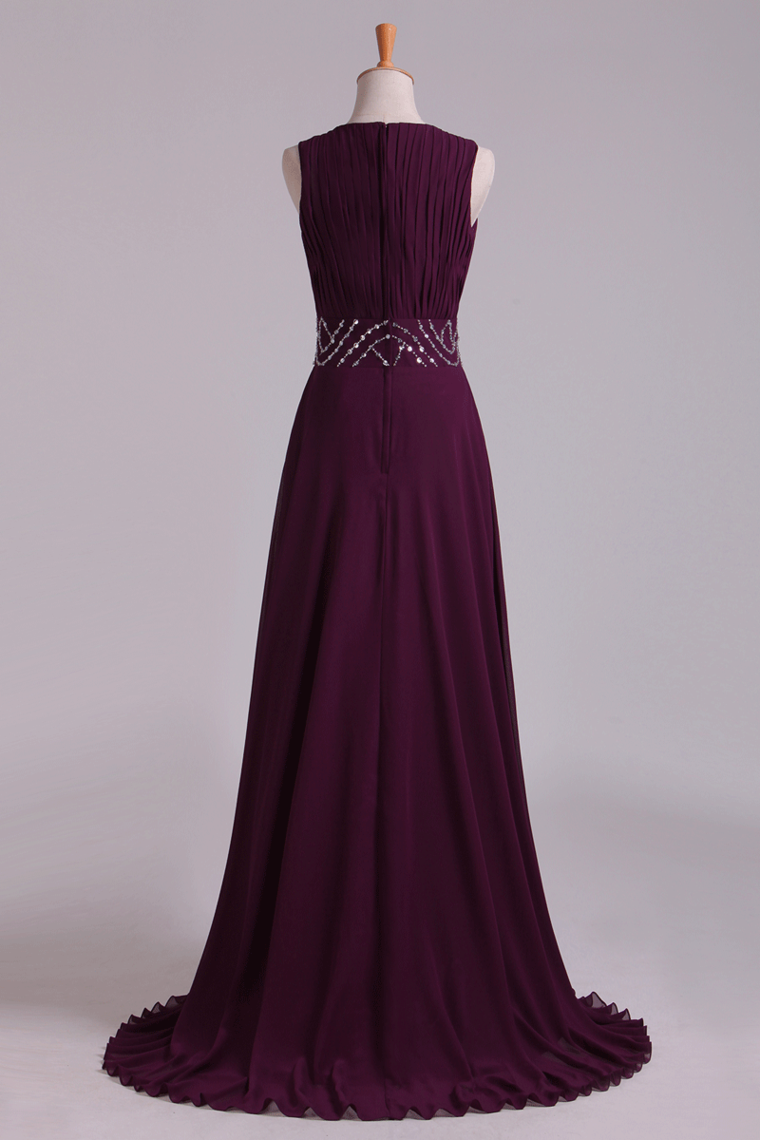 2022 Prom Dresses A-Line Bateau Floor-Length Chiffon With Beads & Ruffles