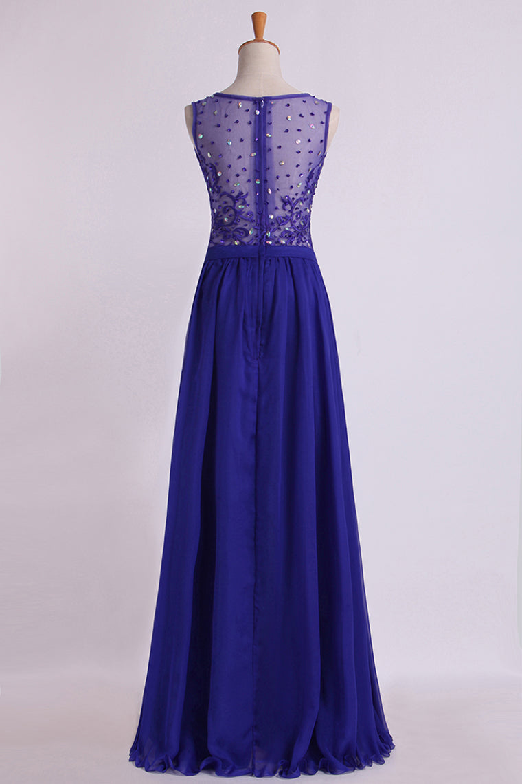 2022 Bateau Prom Dress A Line Floor Length With Embroidery And Beads Chiffon&Tulle