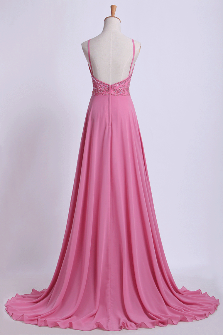 2022 Prom Dresses Spaghetti Straps Beaded Bodice A-Line Chiffon