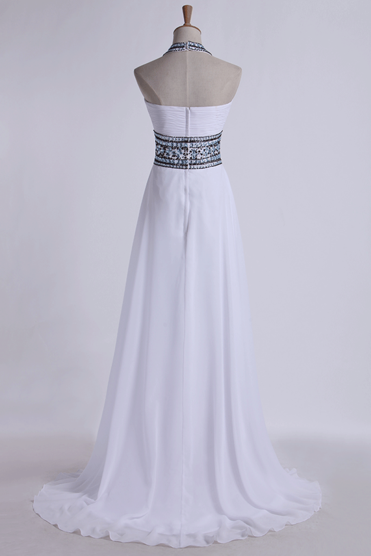2022 Halter Prom Dresses A-Line Pick Up Long Chiffon Skirt Ruffled With Crystal Beading