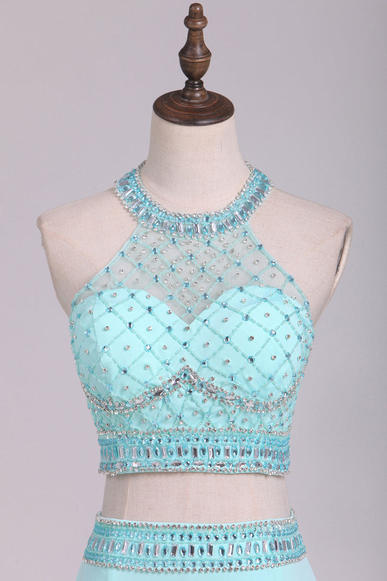 2022 Two-Piece Halter Beaded Bodice Open Back Prom Dresses Spandex Sheath