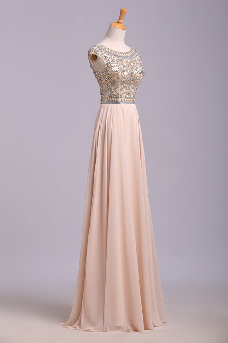 2022 Prom Dress Scoop A Line Floor Length Beaded Tulle Bodice With Chiffon Skirt