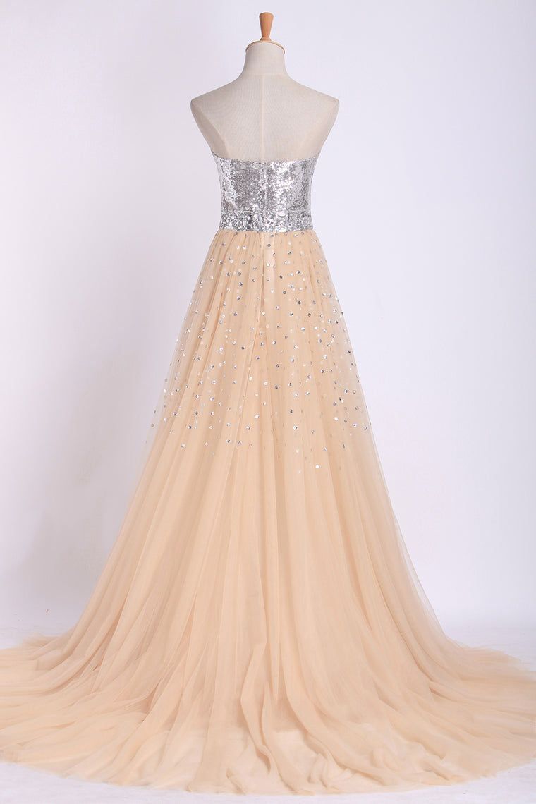 2022 Sweetheart A Line Sweep Train Prom Dresses Tulle With Beads