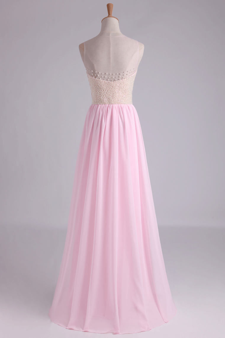 2022 High Neck Beaded Bodice A Line With Layered Flowing Chiffon Skirt Floor Length