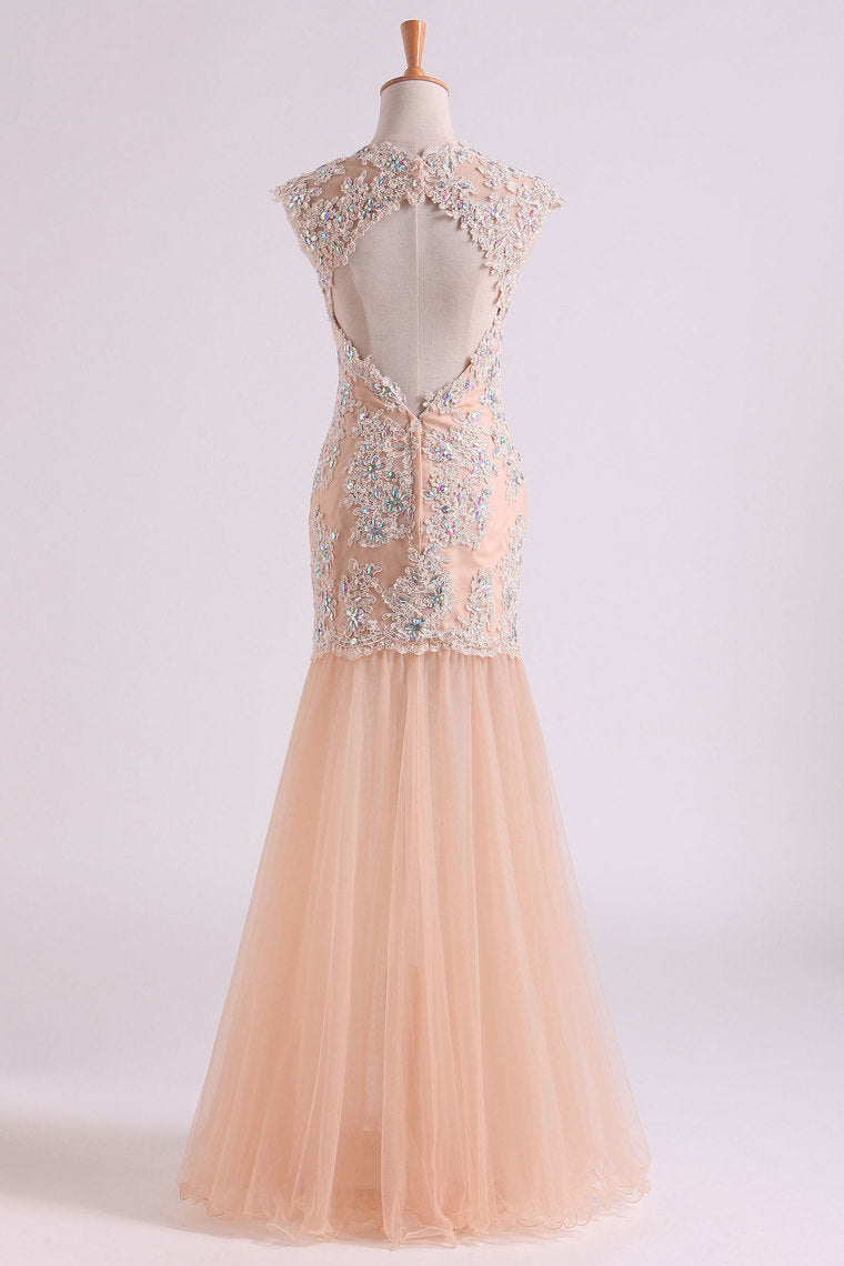 2022 Classic Prom Dresses V Neck Mermaid/Trumpet Floor Length Tulle Champagne With Applique & Beads