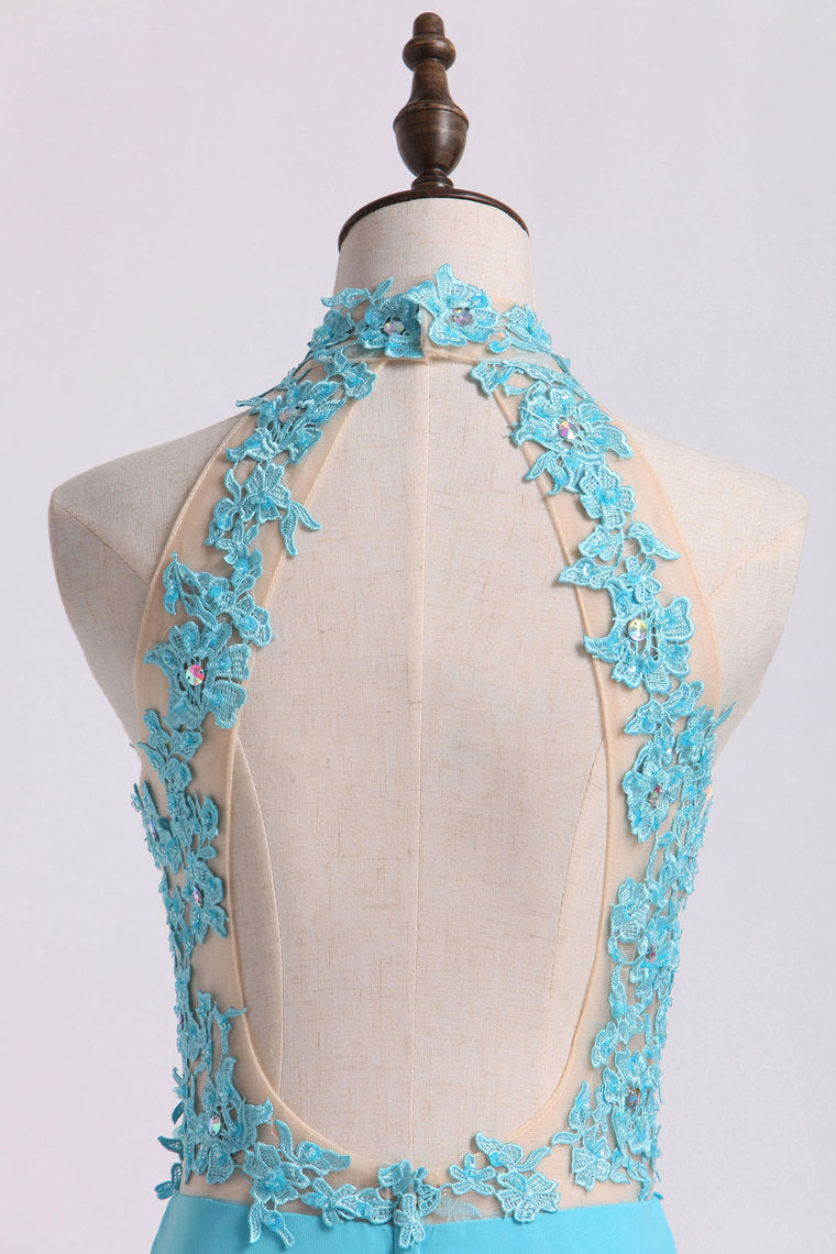 2022 High Neck A Line Prom Dresses With Applique&Beads Chiffon
