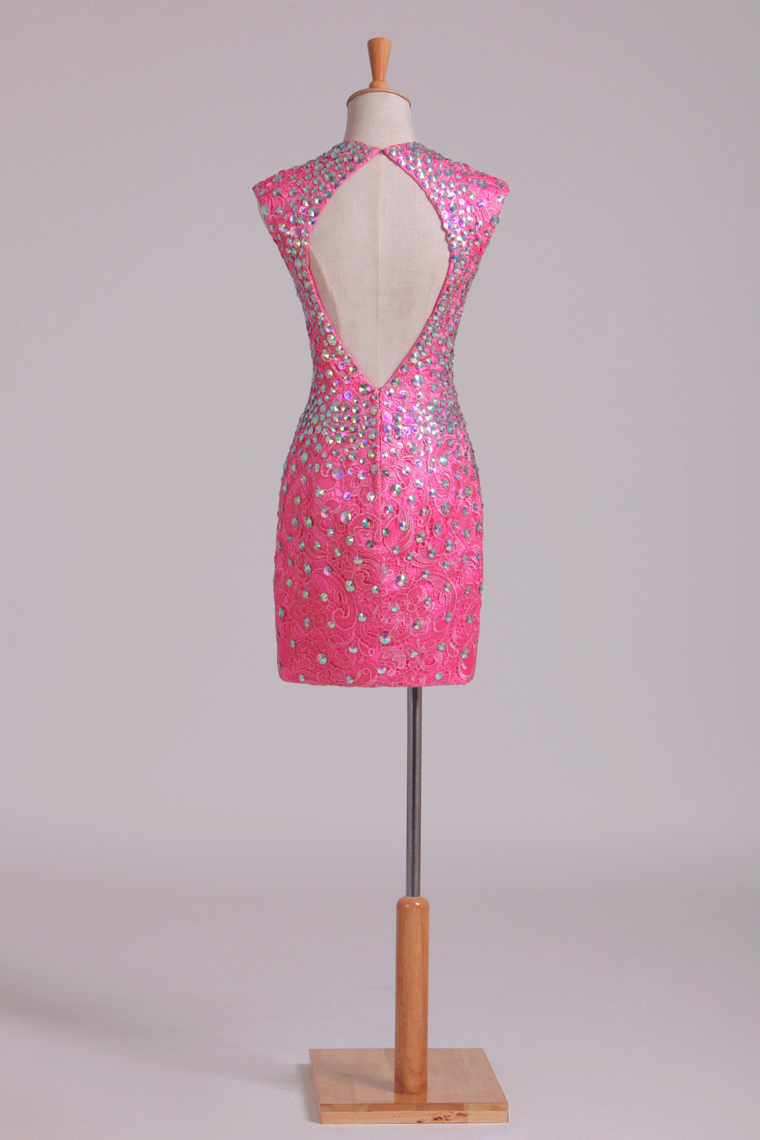 2022 Homecoming Dress V Neck Short/Mini Beaded Sheath/Column Lace