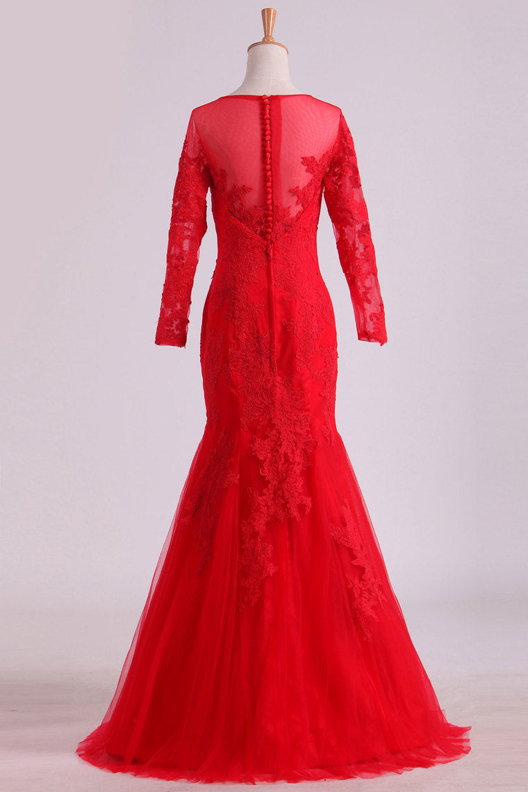 2022 Mother Of The Bride Dresses Scoop 3/4 Length Sleeves Tulle With Applique