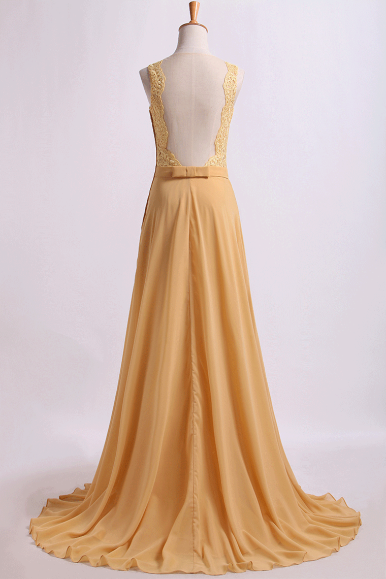 2022 Exquisite Prom Dresses Scoop A Line Lace & Chiffon