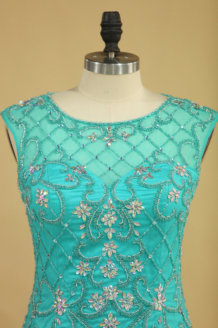 2022 Plus Size Scoop Mermaid Prom Dresses Beaded Bodice Tulle Floor Length