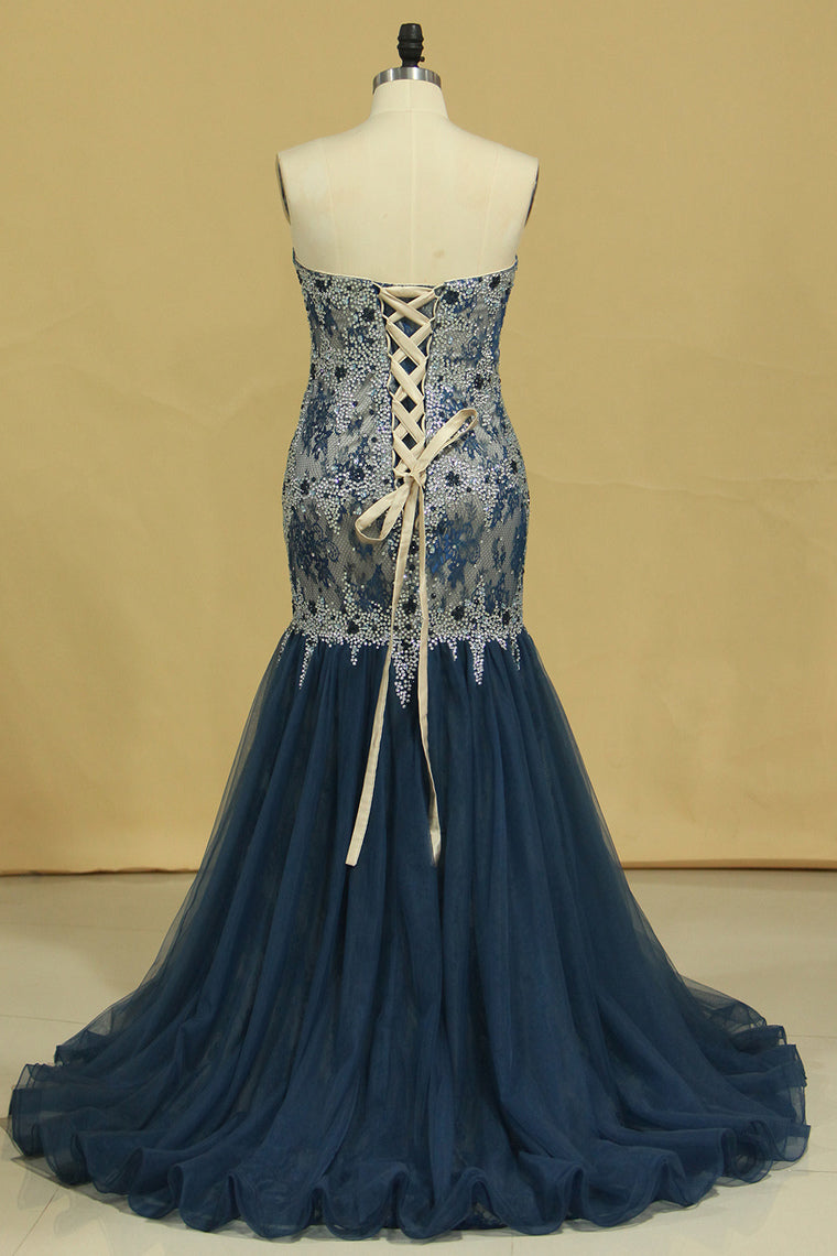 2022 Strapless Mermaid Prom Dresses Tulle & Lace With Rhinestones And Beads Plus Size