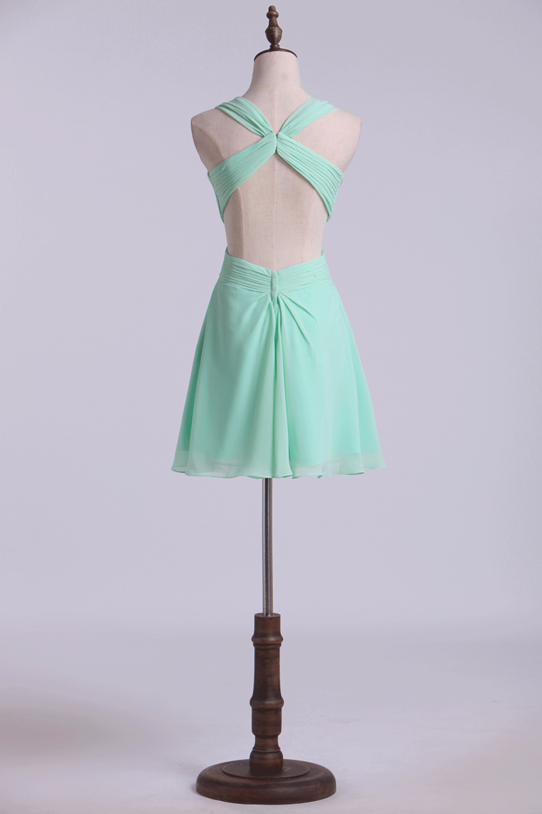 2022 Straps Sexy Backless Dress Pleated Bodice Short Chiffon