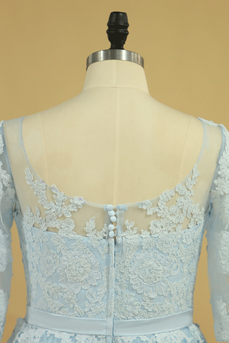 2022 Mother Of The Bride Dresses A Line Bateau Tulle With Applique And Sash Sweep Train Plus Size Light Sky Blue