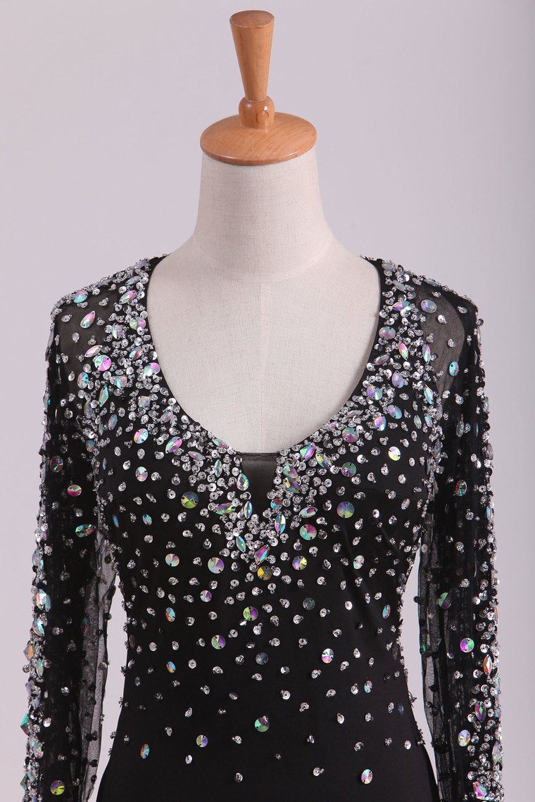 2022 Open Back Long Sleeves With Beading And Slit Prom Dresses Sweep Train Spandex