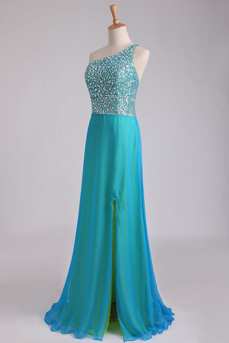 2022 Multi Color Prom Dress One Shoulder Beaded Bodice Backless With A Sexy Slit