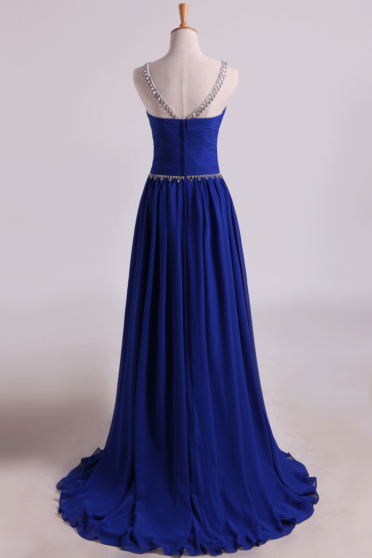 2022 Scoop Prom Dresses A Line Pleated Bodice Chiffon With Beads Dark Royal Blue