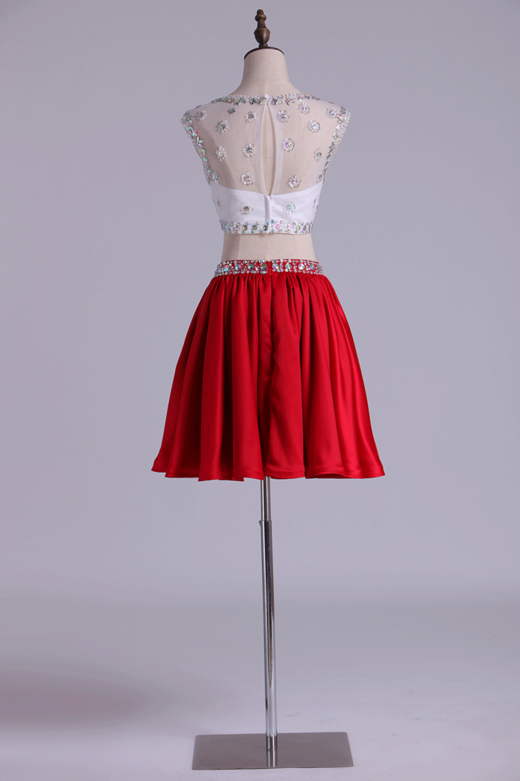 2022 Bicolor Bateau A Line Short Homecoming Dresses Satin & Tulle With Beads Two Pieces