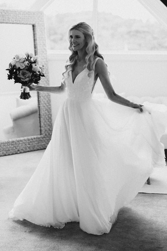 Zuri | Elegant  A-Line V Neck White Chiffon Wedding Dress with Appliques