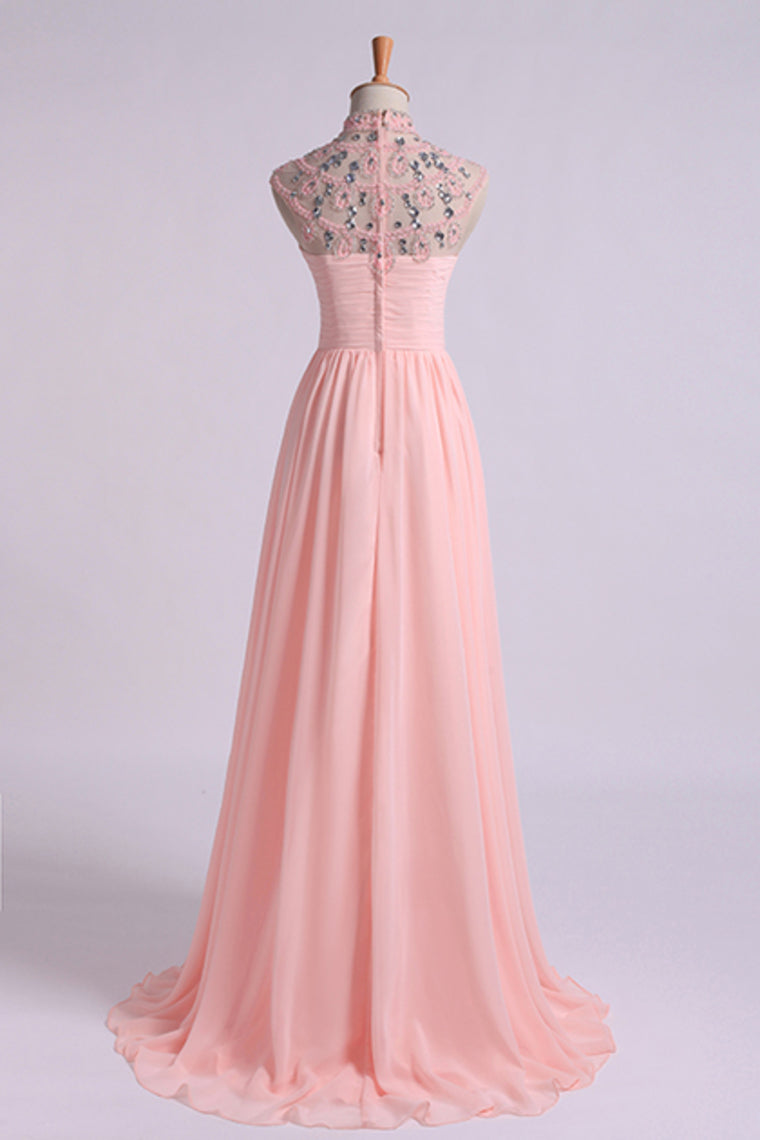 2022 High Neck Prom Dresses A-Line Chiffon With Beads And Ruffles