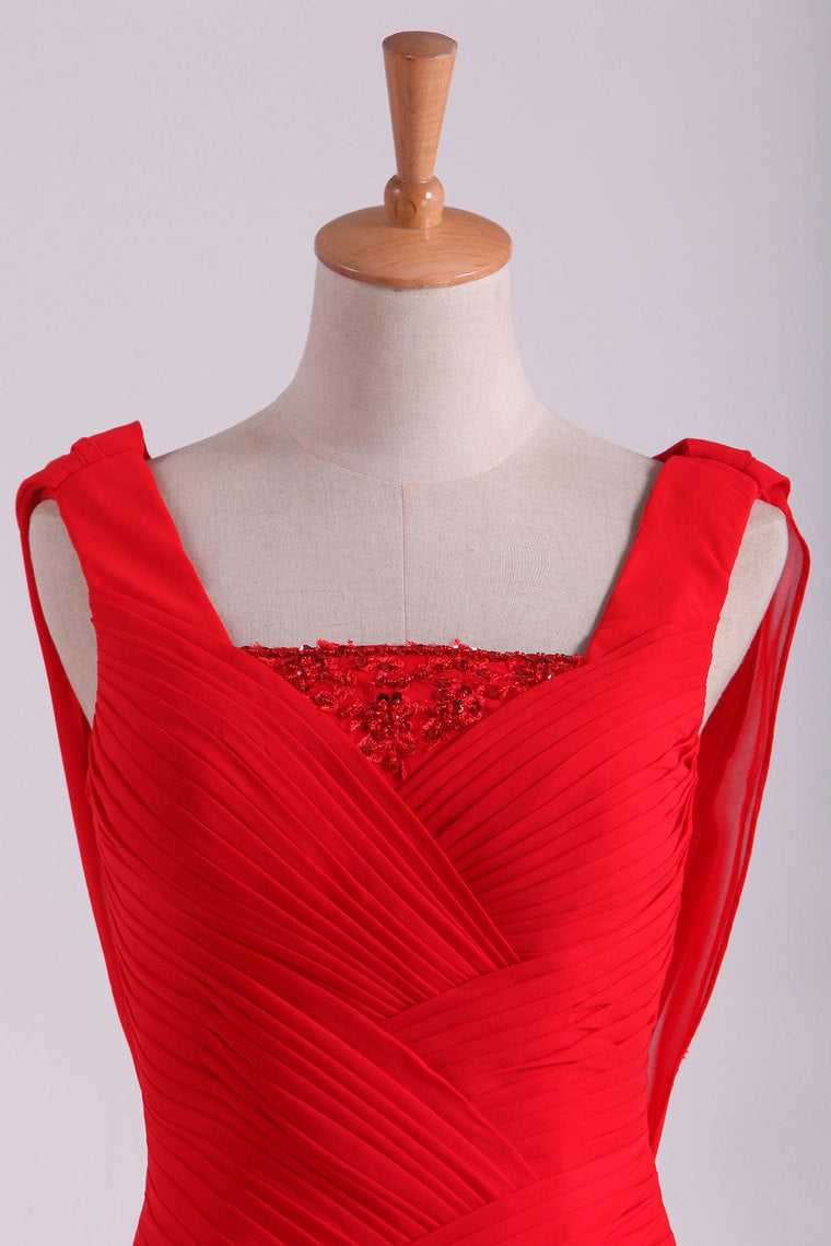 2022 Red Chiffon Evening Dresses Ruffled Bodice Floor Length