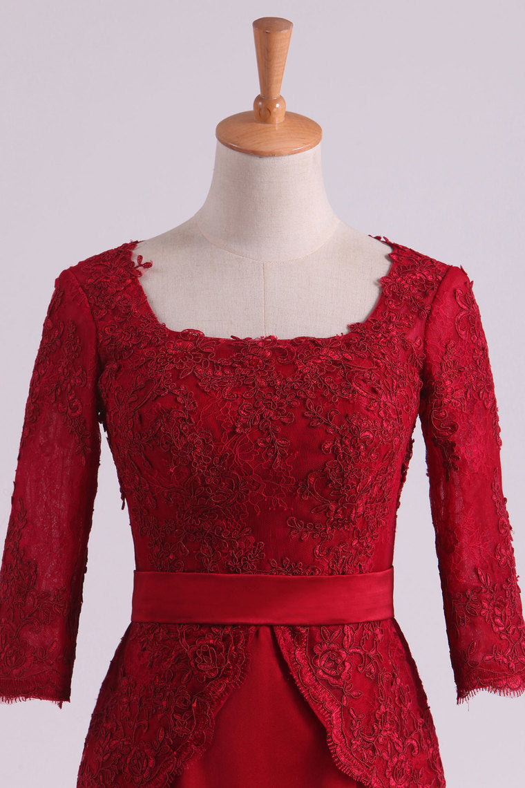 2022 Burgundy Mother Of The Bride Dresses Square 3/4 Length Sleeve With Applique Satin
