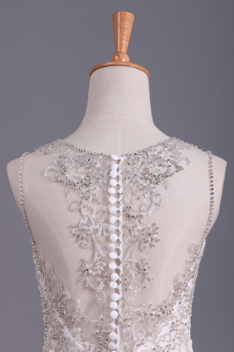 2022 Scoop Wedding Dresses Mermaid/Trumpet Sweep Train Tulle With Applique And Beads