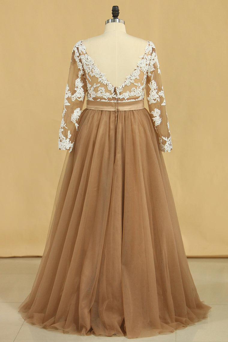 2022 Plus Size Long Sleeves V-Neck A-Line Prom Gown Tulle With Sash & Applique
