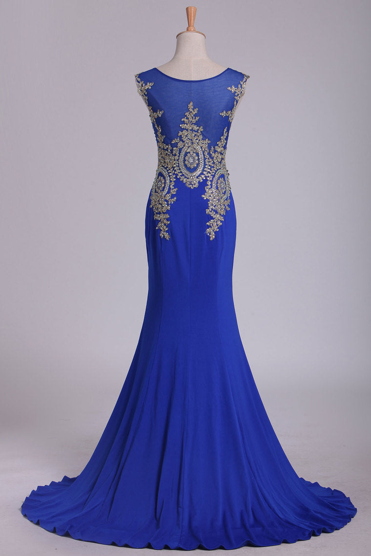 2022 Dark Royal Blue Prom Dresses Scoop Mermaid Spandex With Applique Sweep/Brush Train