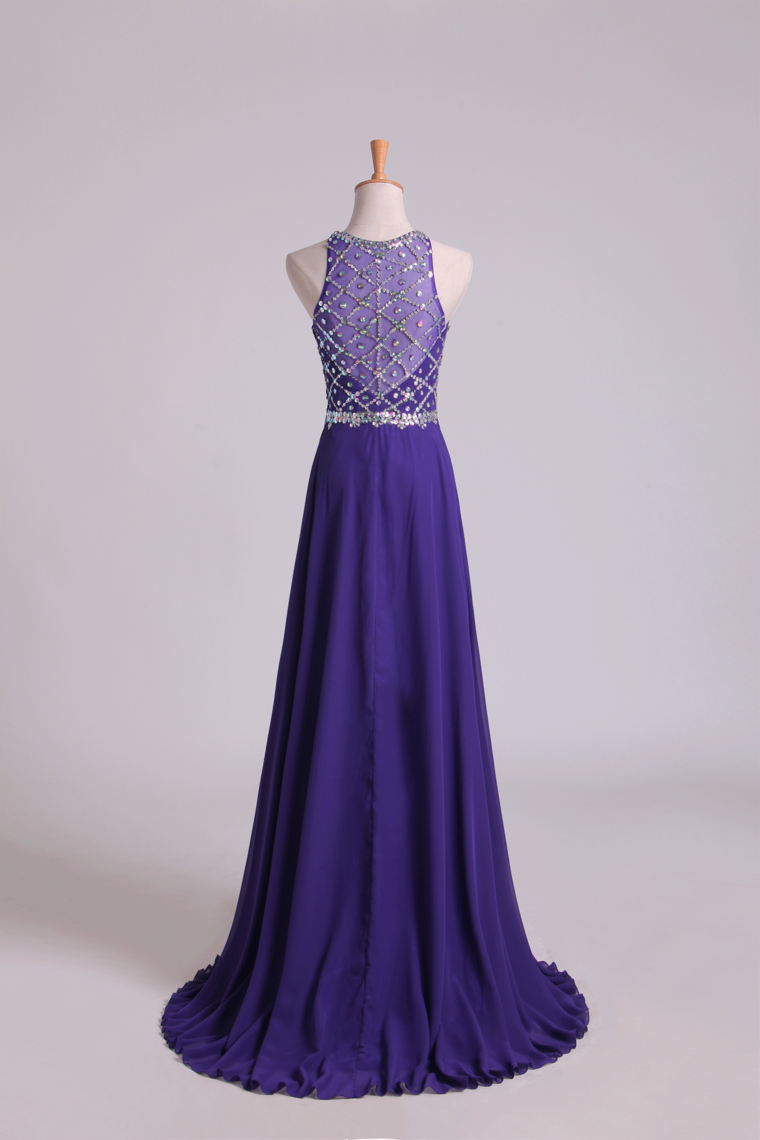 2022 Hot Prom Dresses A Line Scoop Beaded Bodice Chiffon Sweep Train