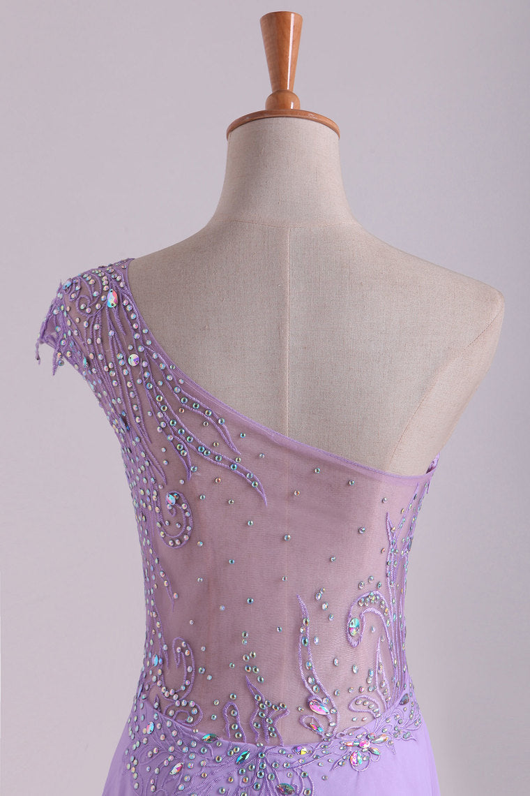 2022 One Shoulder A Line Prom Dress Beaded Tulle And Chiffon Sweep Train