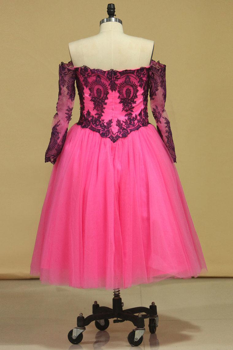 2022 Long Sleeves Boat Neck Prom Dresses A Line With Applique Tulle