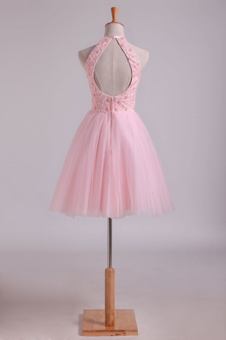 2022 Halter Homecoming Dresses A-Line Tulle Short/Mini Beaded Bodice