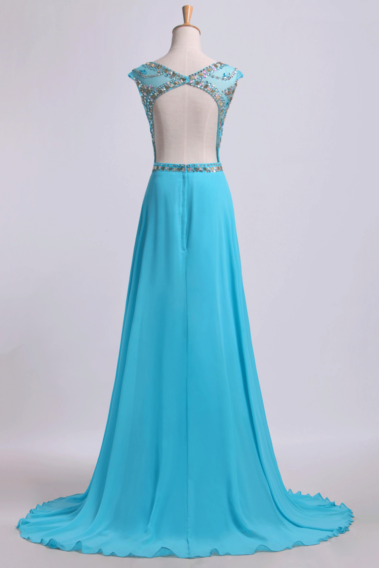 2022 Chiffon Bateau A-Line Beaded Bodice With A Keyhole Back