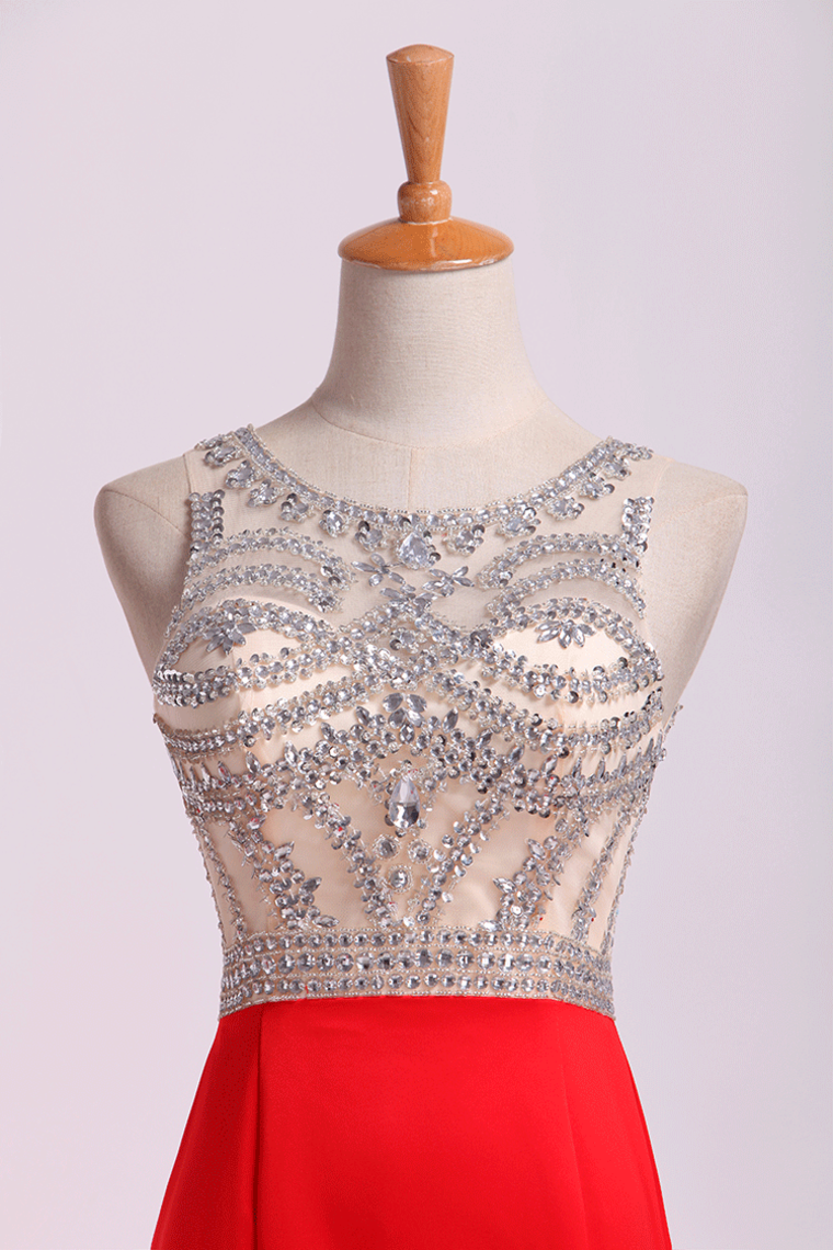 2022 Prom Dresses Two-Tone Bateau Mermaid Beaded Bodice Satin&Tulle Sweep Train