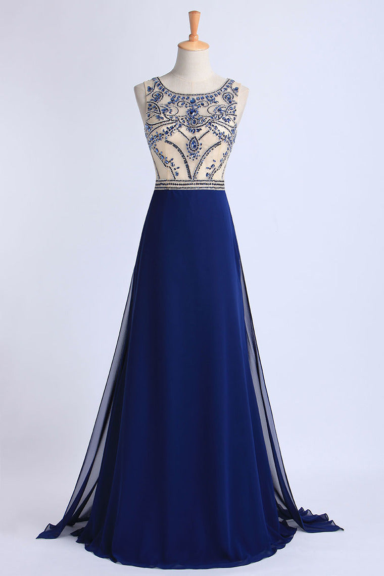 2022 Hot Selling Scoop A Line Full Length Red Prom Dress Beaded Tulle Bodice With Chiffon Skirt